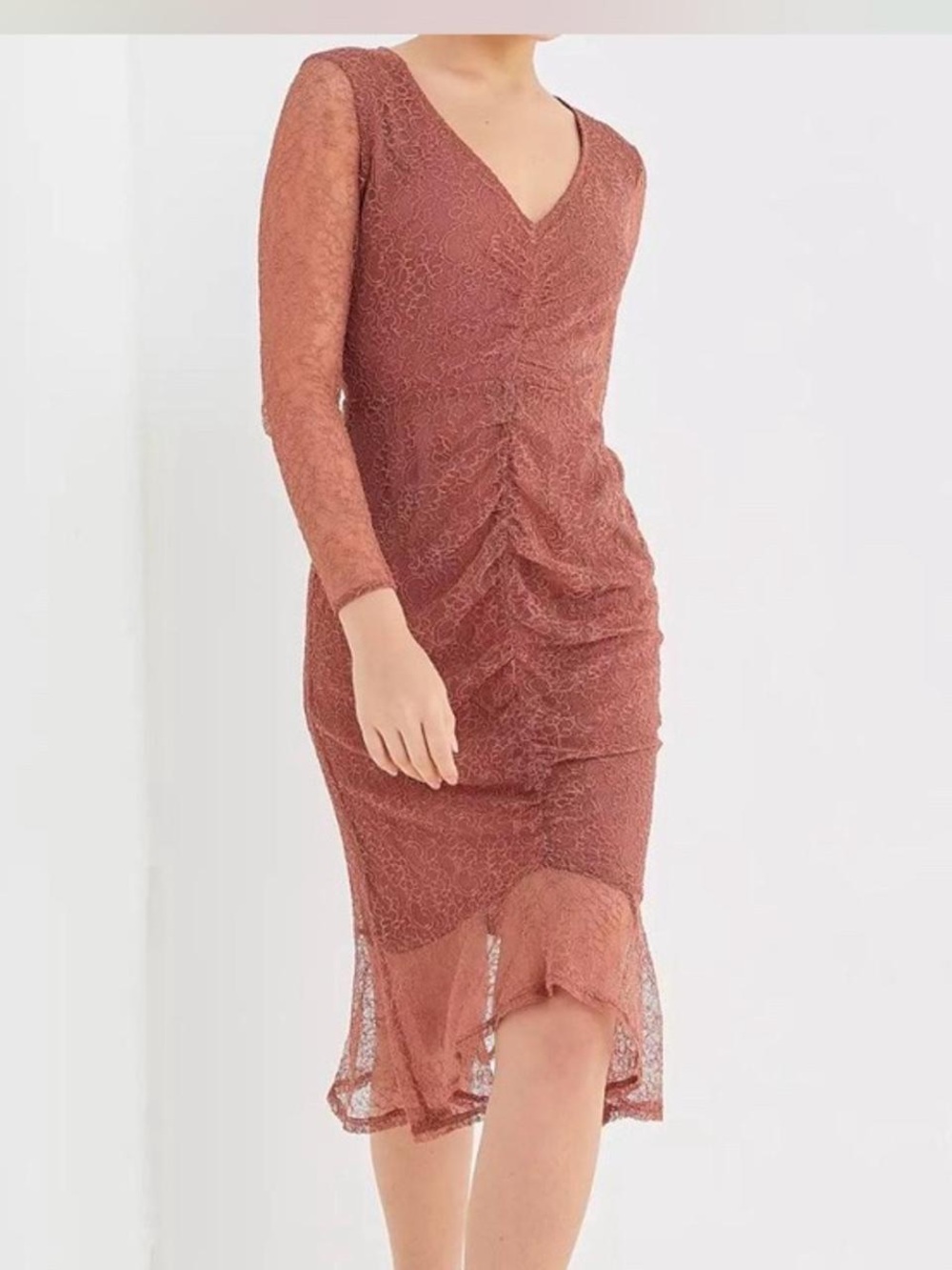 4SI3NNA Lace Ruched Midi Dress - Rusty Rose